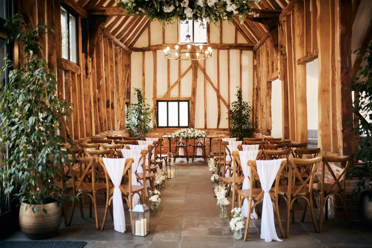 The wedding barn dressed for a wedding at High House