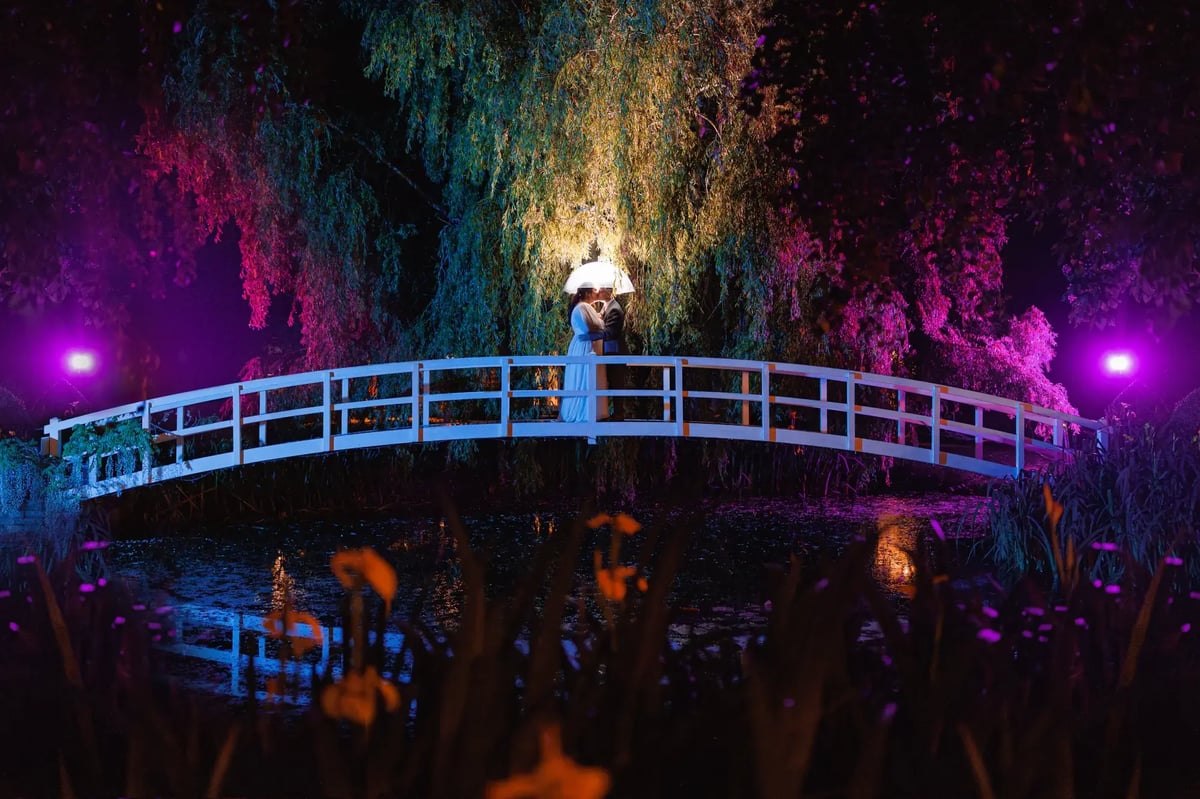 Couple standing on bridge during the night at High House