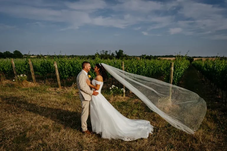 couple posing in vineyard high house with veil flying in wind